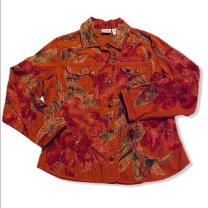 Chico’s red denim appliqué flower leaf jacket
